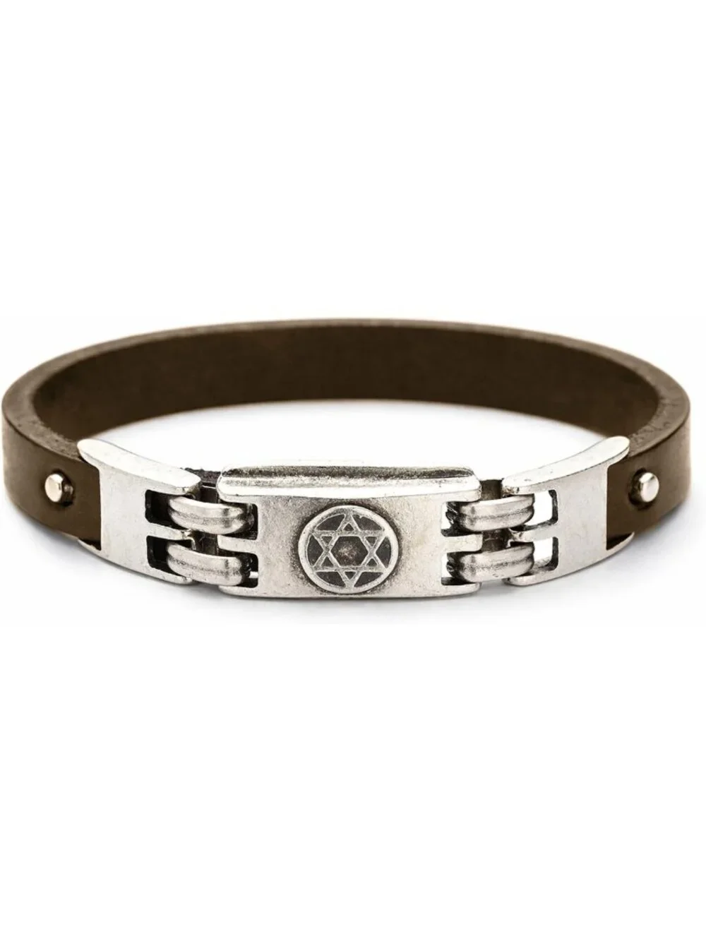 Brown Leather Star of David Bracelet for Men, Adjustable Pewter Charm Gift